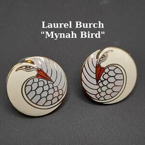 Vintage Laurel Burch Mynah Bird Earrings, Cream Orange Enamel, Gold Plated